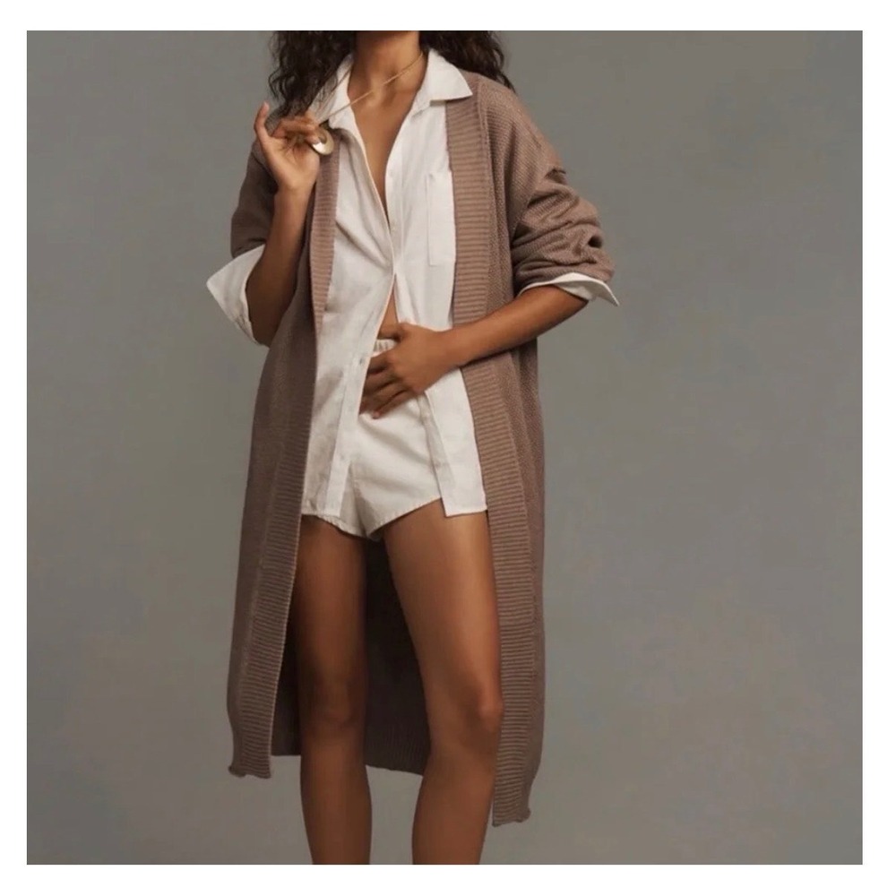 Flat White Longline Open Front Cardigan Taupe Mauve Knit Duster‎ One Size OS
